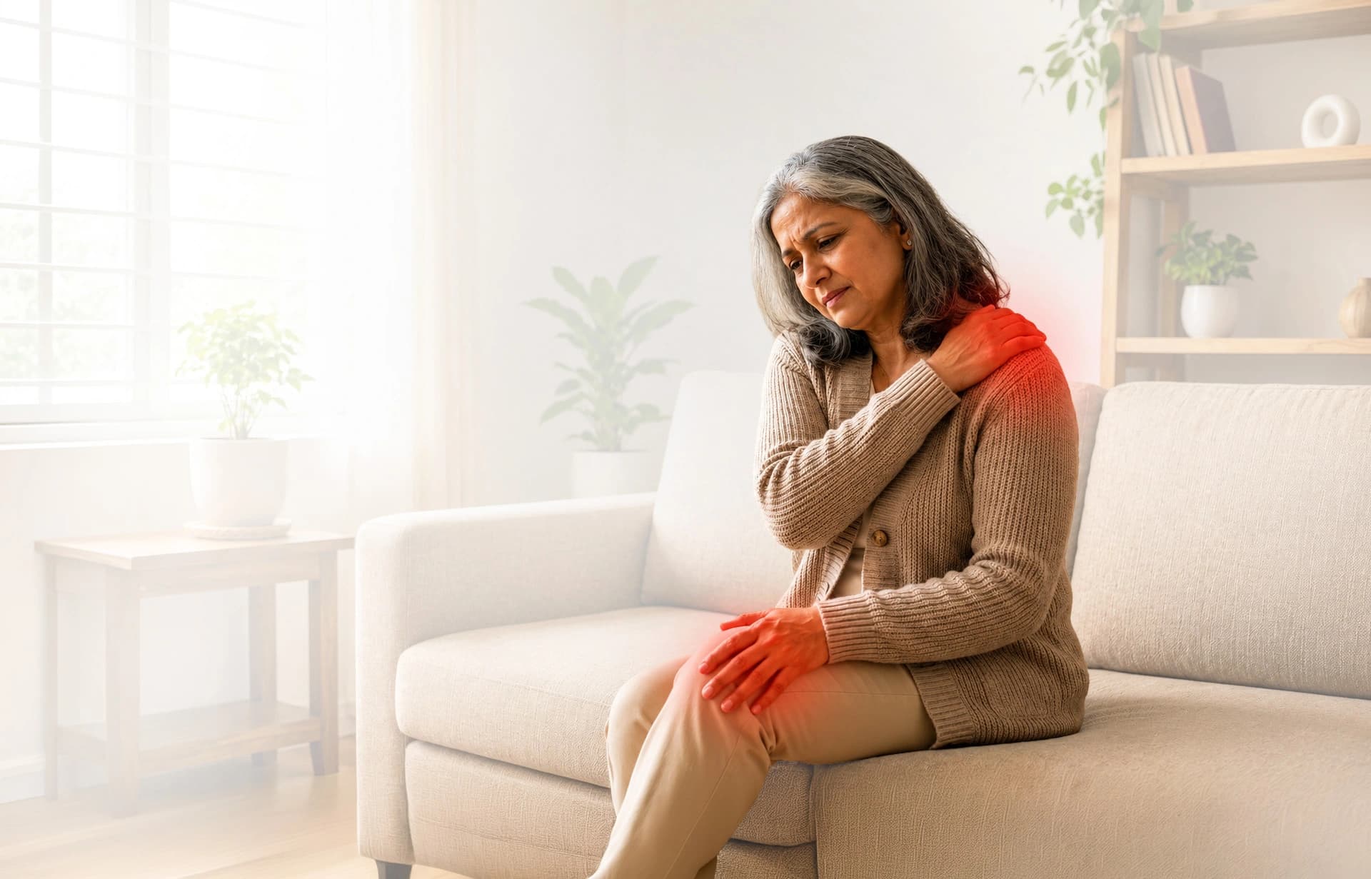 Older woman on a sofa holding her painful shoulder and knee